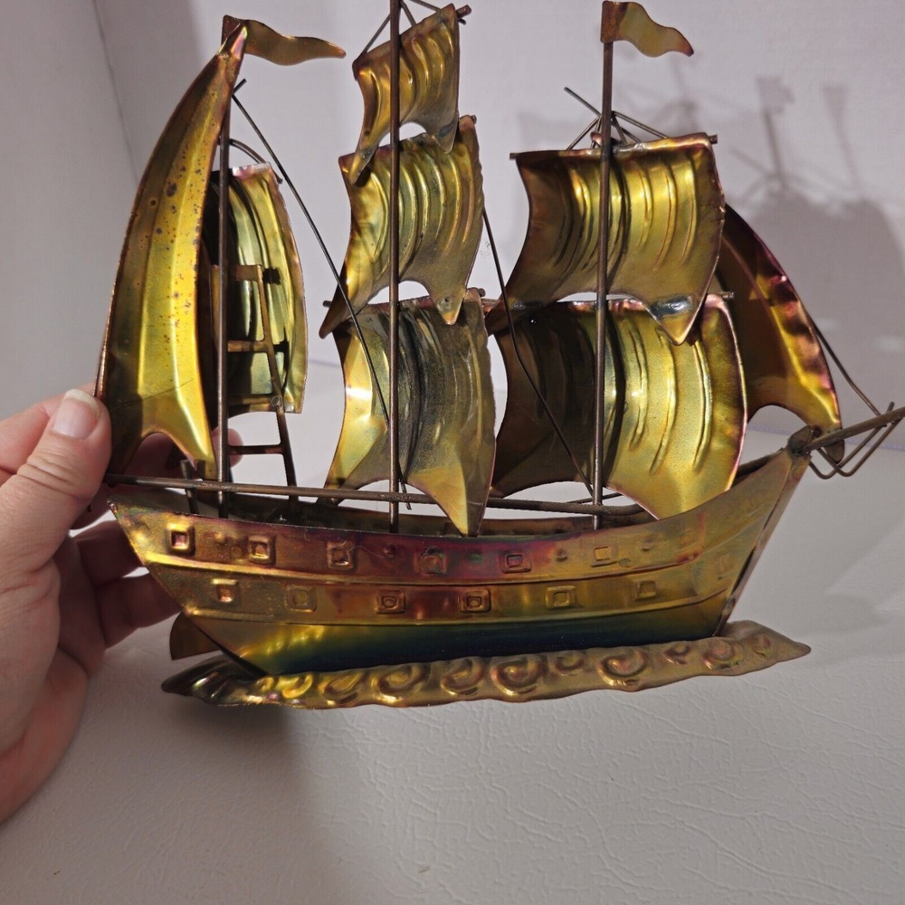 Vintage 1960's Copper Finish Metal 3 Mast Ship Decoration